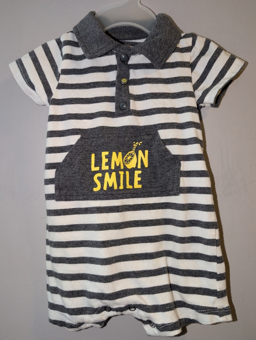 🍋 Absorba Striped Gray White Baby Romper Yellow 'Lemon Smile' Pocket 3-6 Months